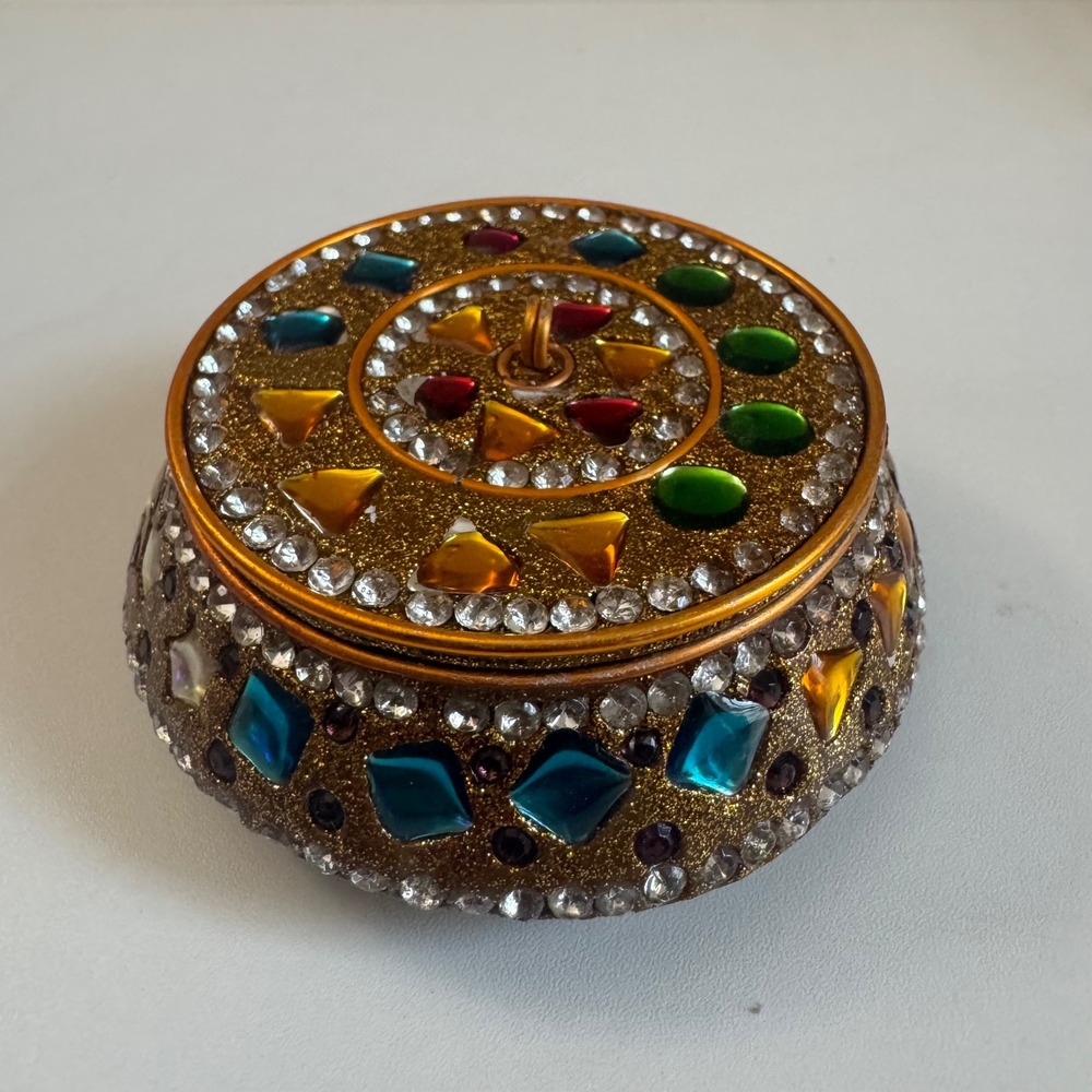 Vintage Gold Glitter Jeweled Trinket Box Round Multi Color Gemstone Pill Box